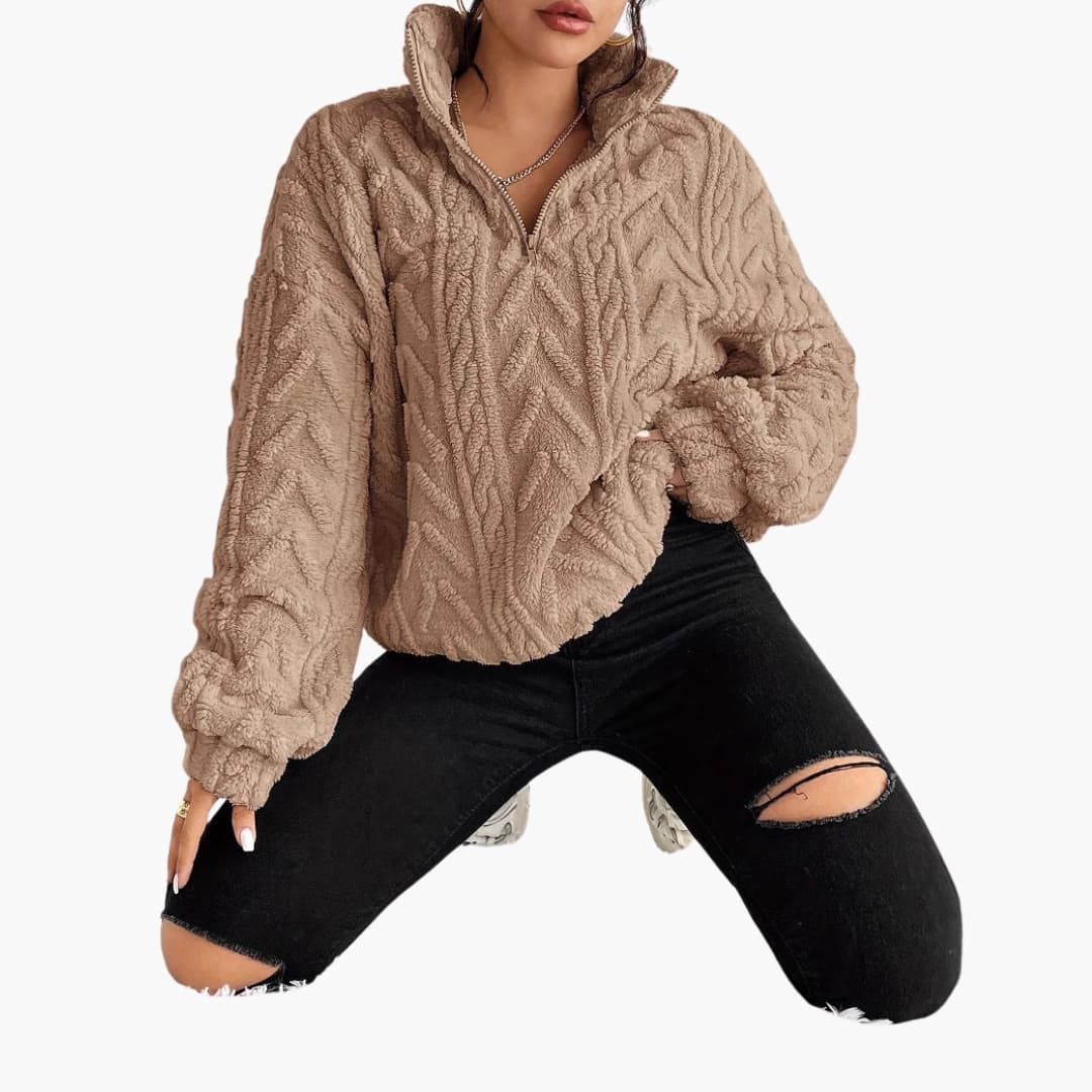 Women's Fleece Sweater with Half Zip and Cable Pattern