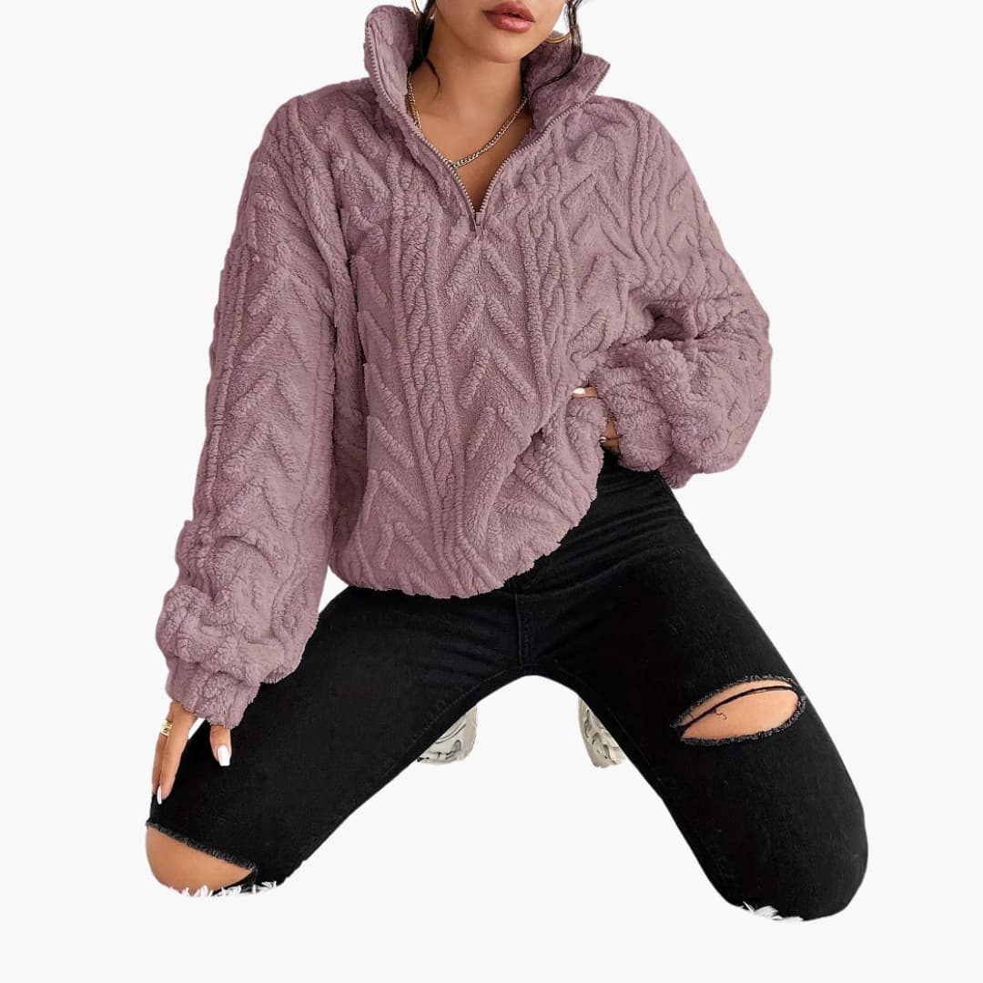 Women's Fleece Sweater with Half Zip and Cable Pattern