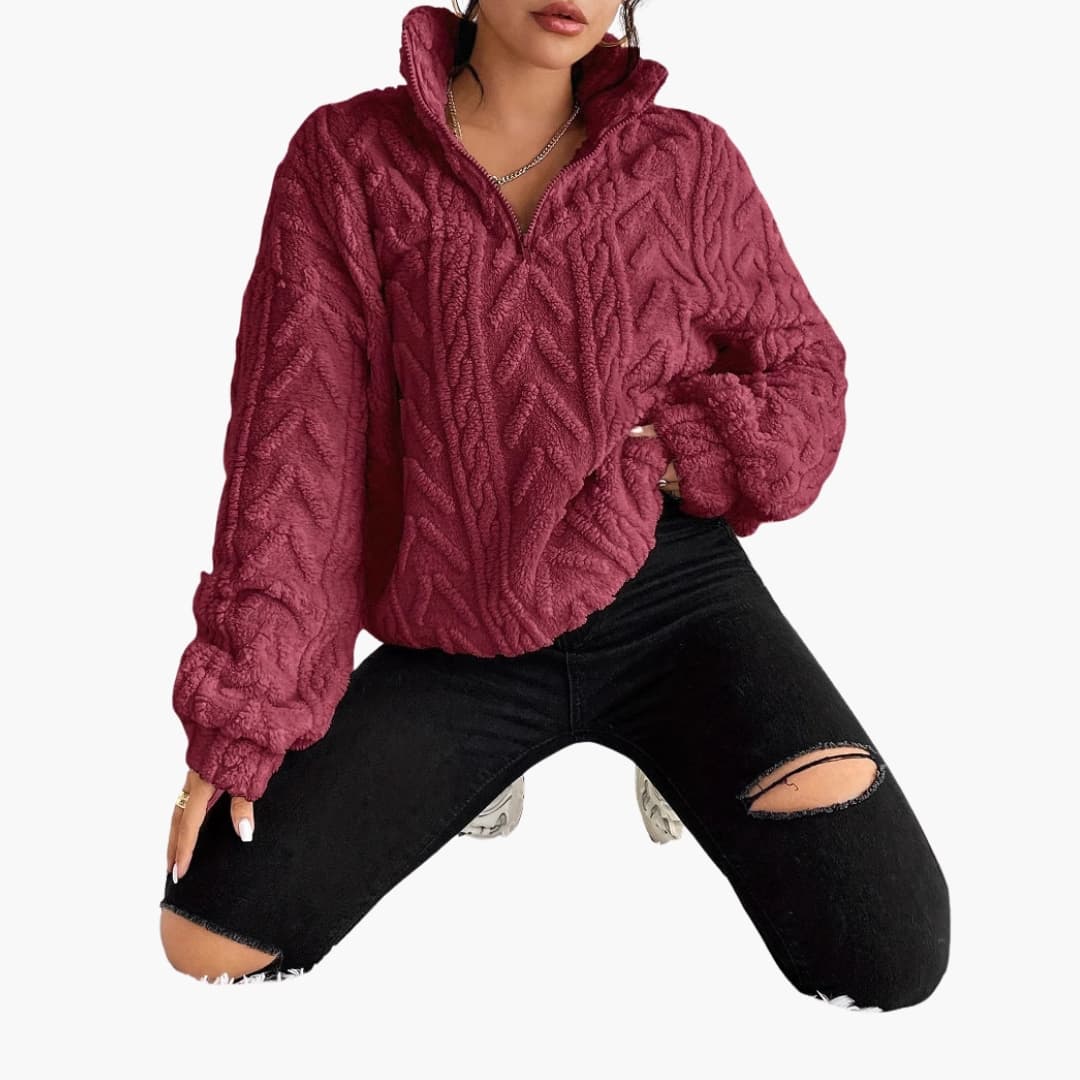 Women's Fleece Sweater with Half Zip and Cable Pattern