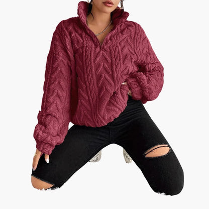 Women's Fleece Sweater with Half Zip and Cable Pattern