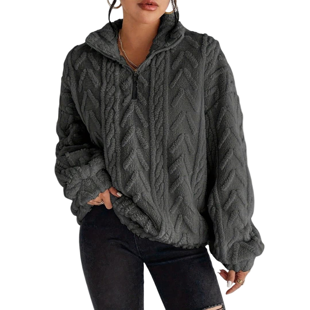 Women's Fleece Sweater with Half Zip and Cable Pattern