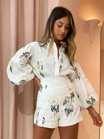 Women's Floral Print High Waist Shorts and Long Sleeve Blouse Set