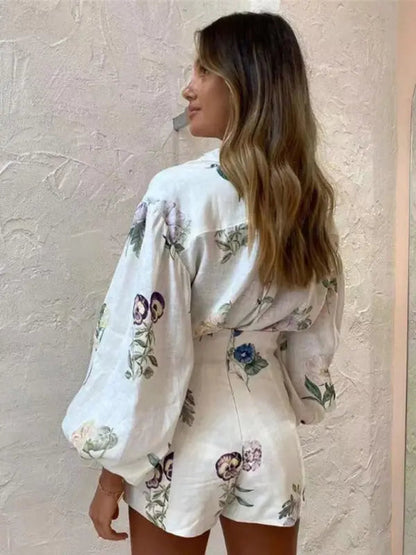 Women's Floral Print High Waist Shorts and Long Sleeve Blouse Set