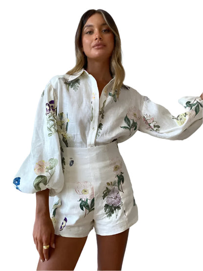 Women's Floral Print High Waist Shorts and Long Sleeve Blouse Set