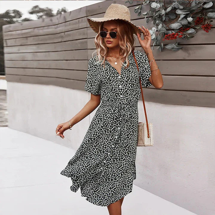 Women's Floral Print Summer Dress With V-neck Cotton Knee Length