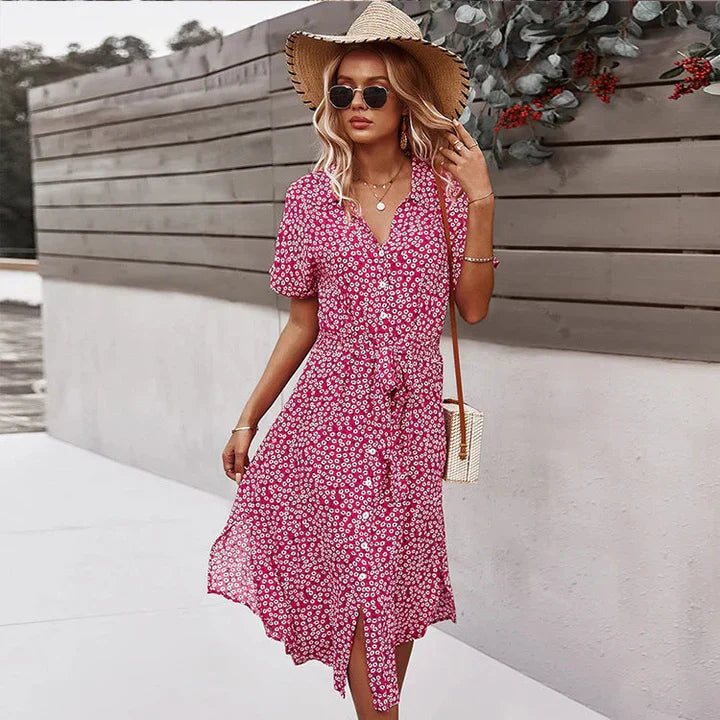 Women's Floral Print Summer Dress With V-neck Cotton Knee Length