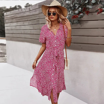 Women's Floral Print Summer Dress With V-neck Cotton Knee Length