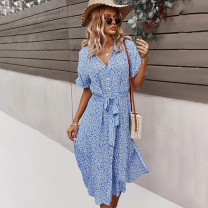 Women's Floral Print Summer Dress With V-neck Cotton Knee Length