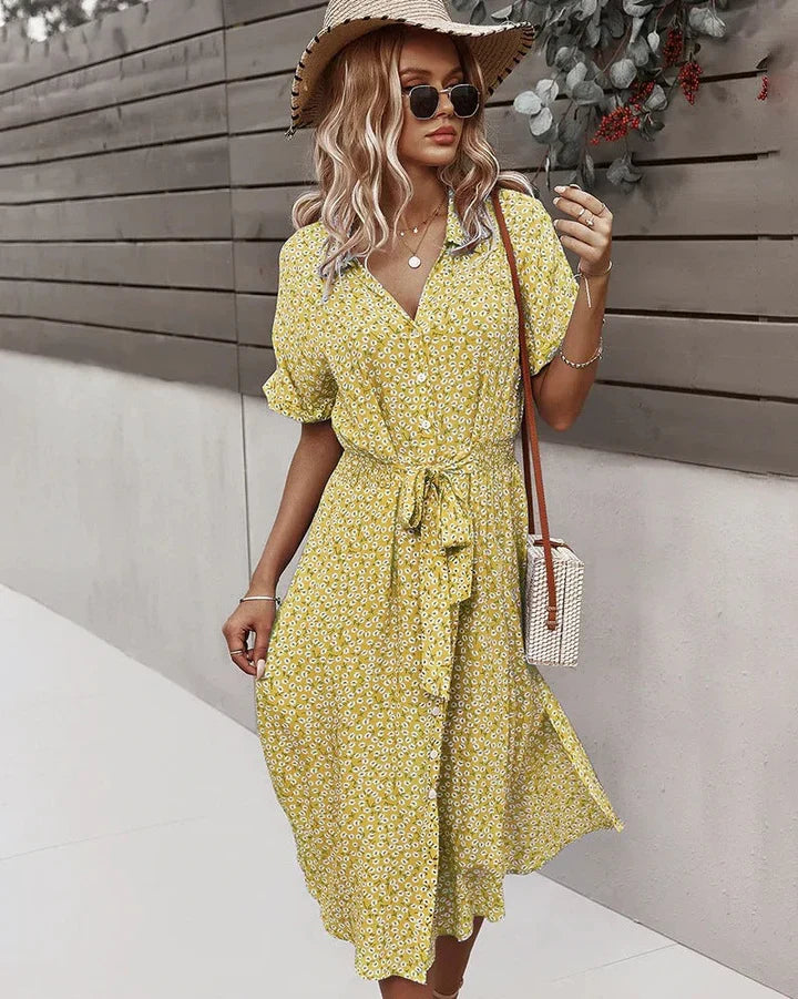 Women's Floral Print Summer Dress With V-neck Cotton Knee Length