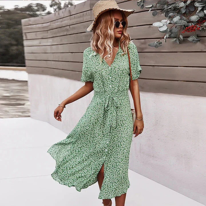 Women's Floral Print Summer Dress With V-neck Cotton Knee Length