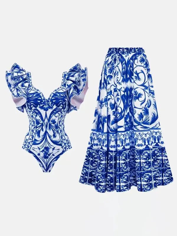 Women's Floral Print Swimsuit with Skirt