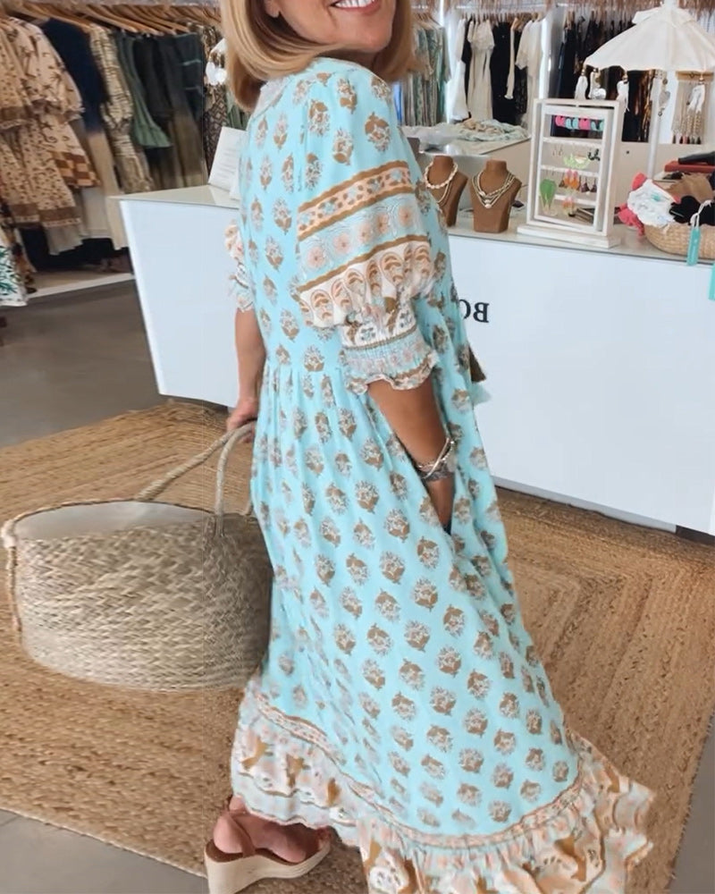 Women's Half-Sleeve Dress V-Neck Printed