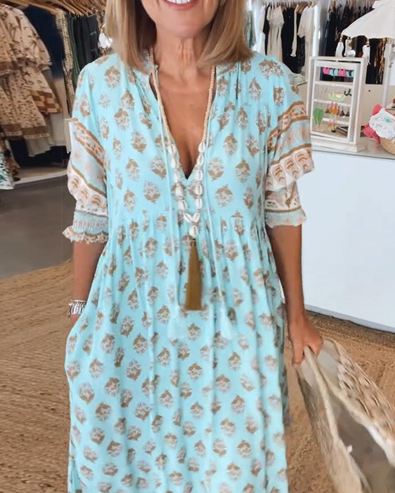 Women's Half-Sleeve Dress V-Neck Printed