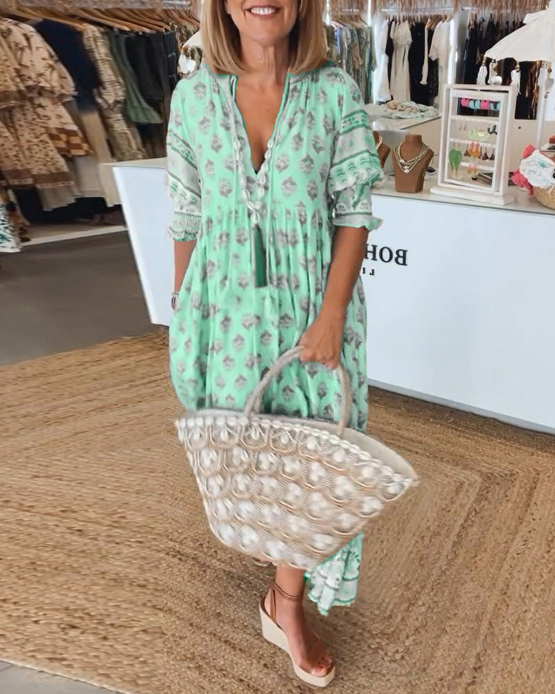 Women's Half-Sleeve Dress V-Neck Printed