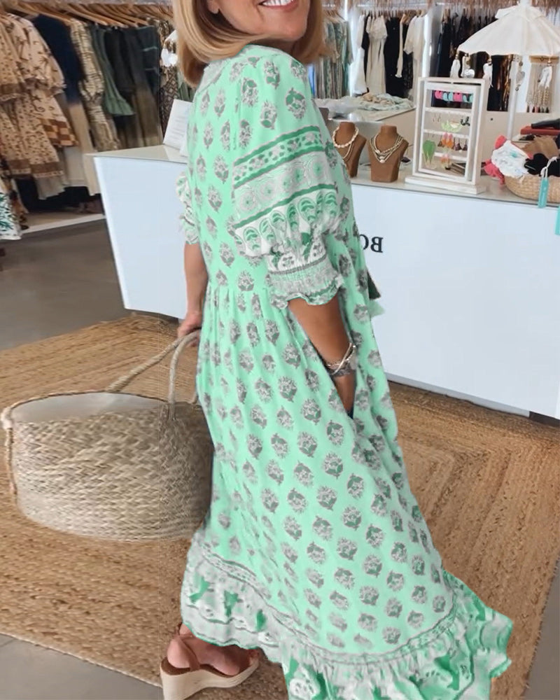 Women's Half-Sleeve Dress V-Neck Printed