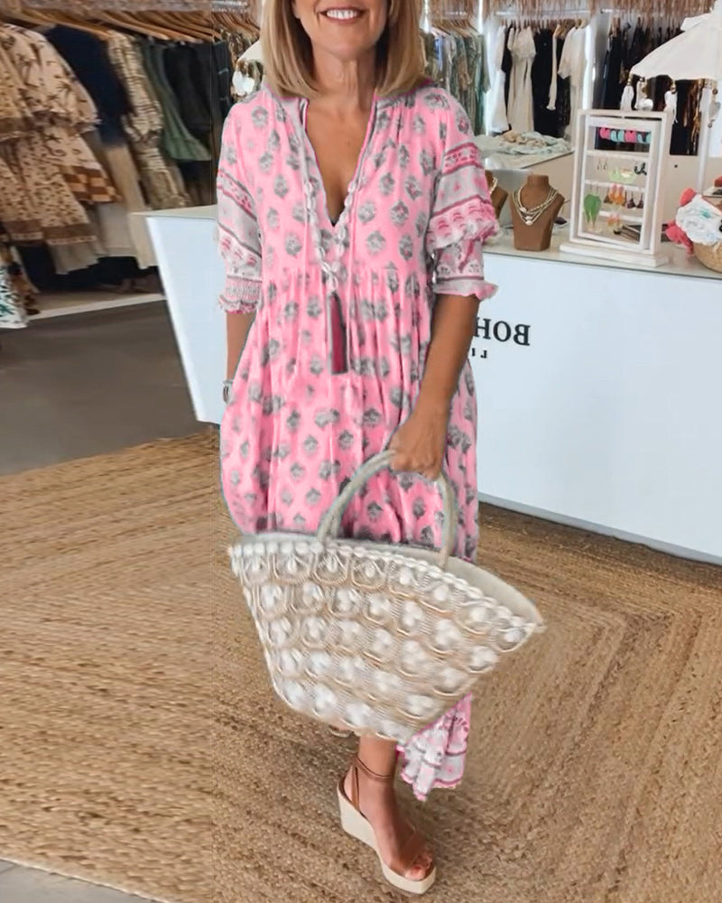 Women's Half-Sleeve Dress V-Neck Printed