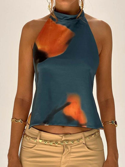 Women's Halter Top with Printed Design and Open Back