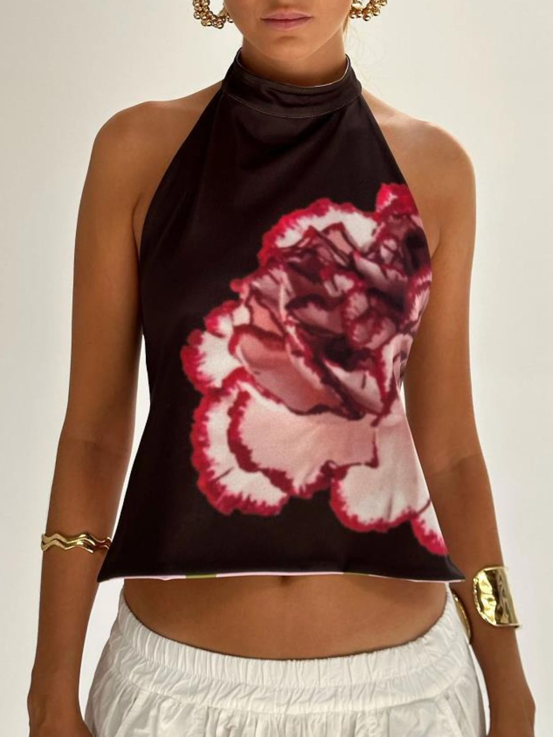 Women's Halter Top with Printed Design and Open Back