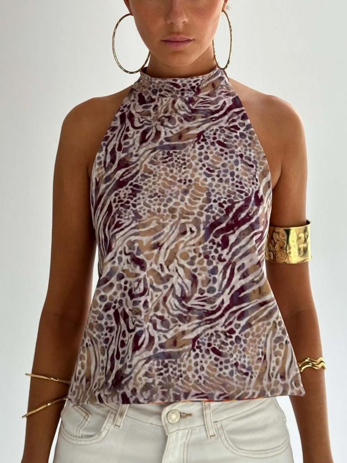 Women's Halter Top with Printed Design and Open Back