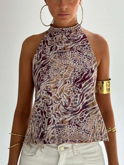 Women's Halter Top with Printed Design and Open Back