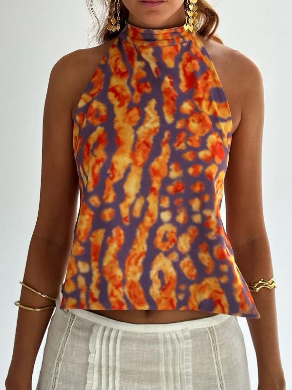 Women's Halter Top with Printed Design and Open Back