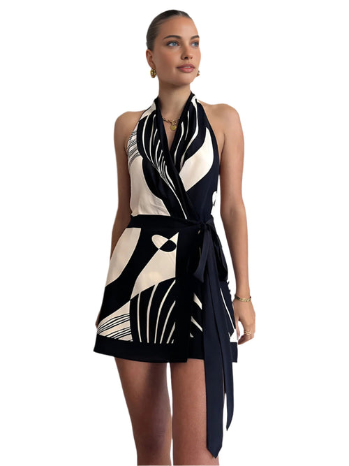 Women's Halter Wrap Dress Abstract Pattern Satin Blend
