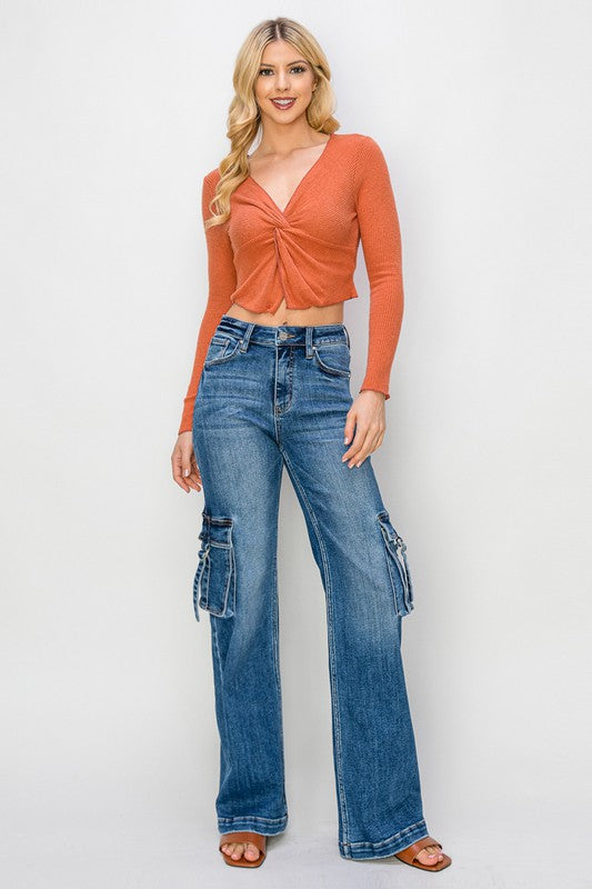 Women's High Waist Cargo Jeans with Pockets