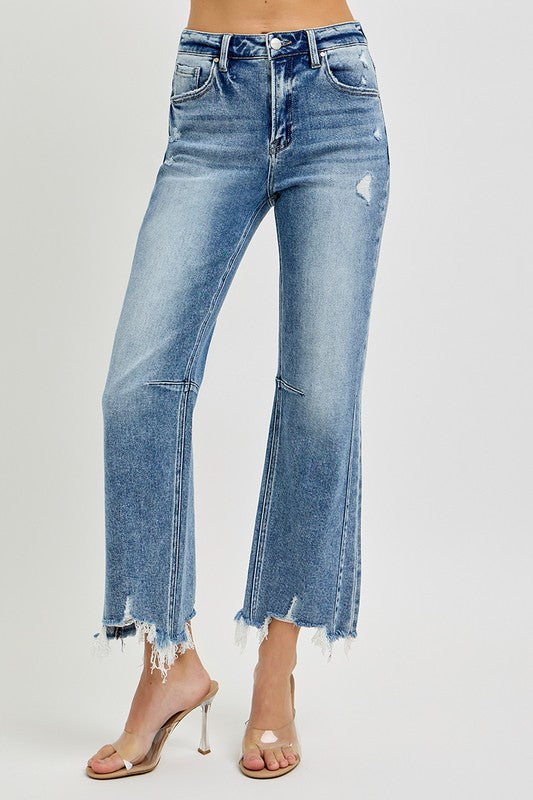 Women's High Waist Crop Straight Jeans With Weathered Zoom
