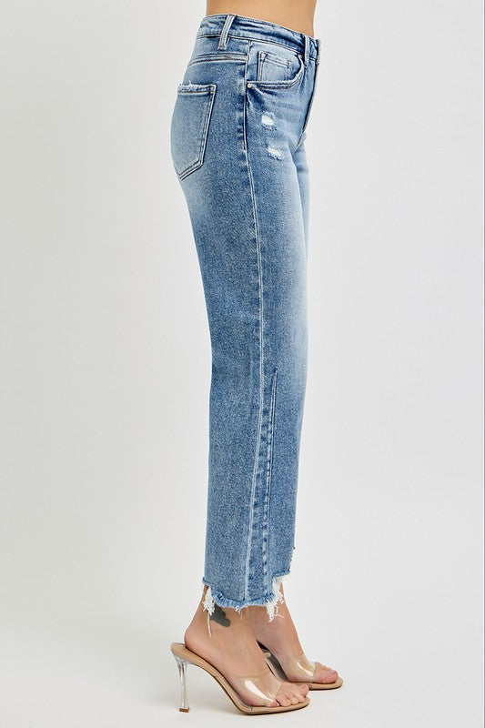 Women's High Waist Crop Straight Jeans With Weathered Zoom