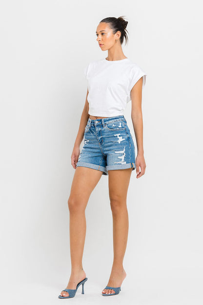 Women's High Waist Roll Sleeve Shorts Denim
