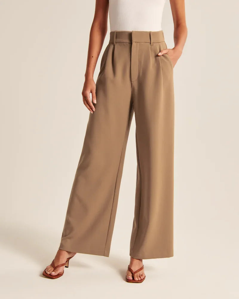 Women's High Waist Trousers With Wide Pipes Woven Fabric
