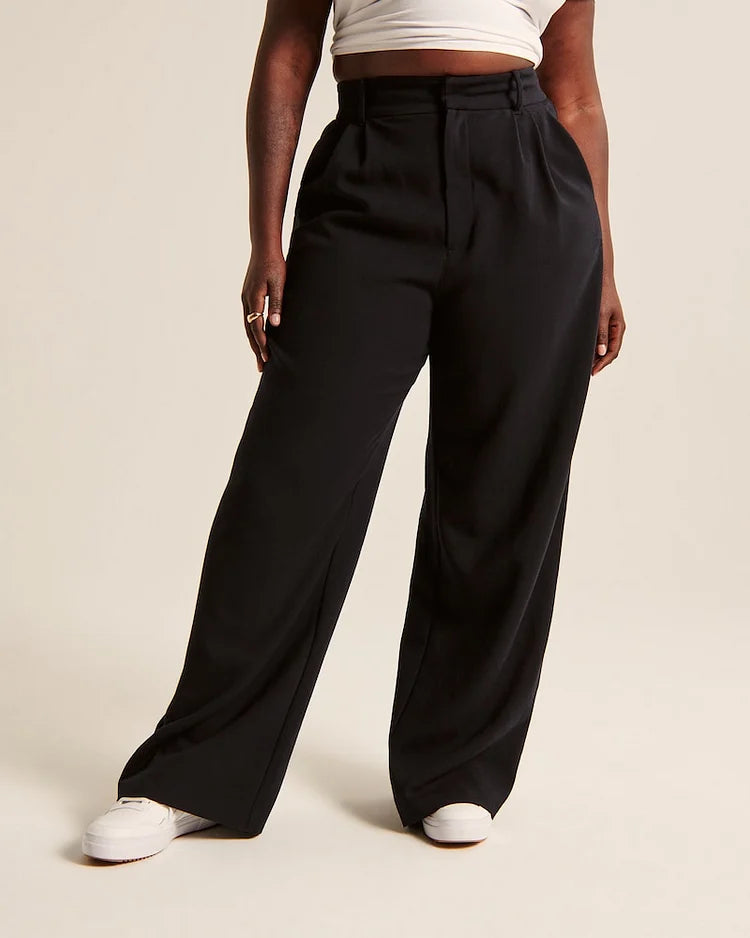 Women's High Waist Trousers With Wide Pipes Woven Fabric