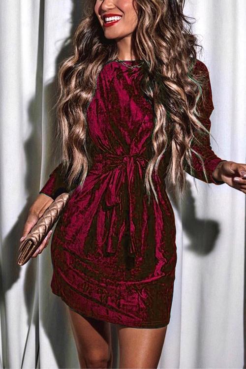 Women's Holiday Dress with Bow Waist and Long Sleeves for Festive Occasions