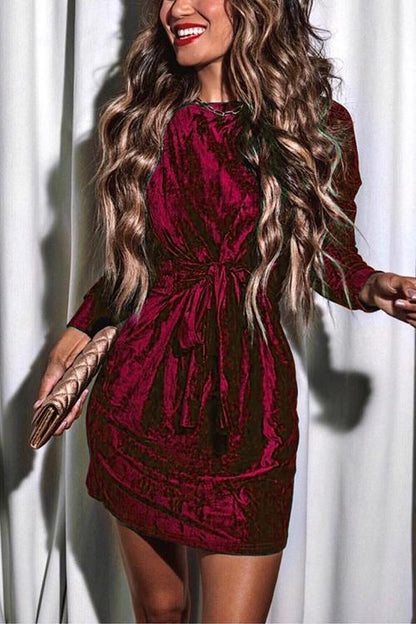 Women's Holiday Dress with Bow Waist and Long Sleeves for Festive Occasions