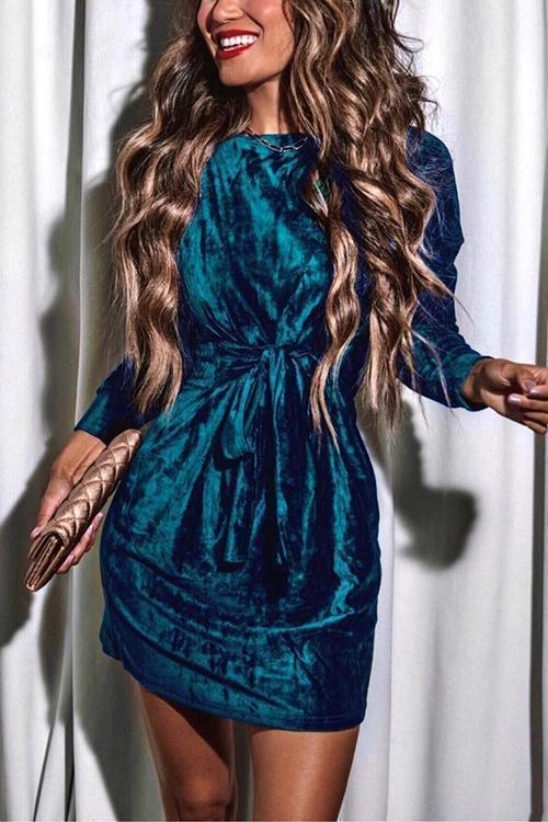 Women's Holiday Dress with Bow Waist and Long Sleeves for Festive Occasions
