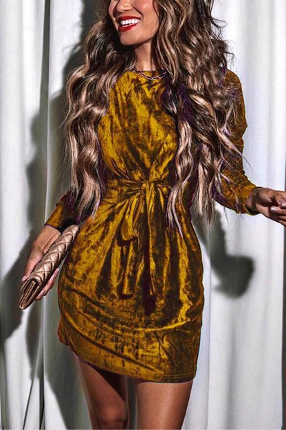 Women's Holiday Dress with Bow Waist and Long Sleeves for Festive Occasions