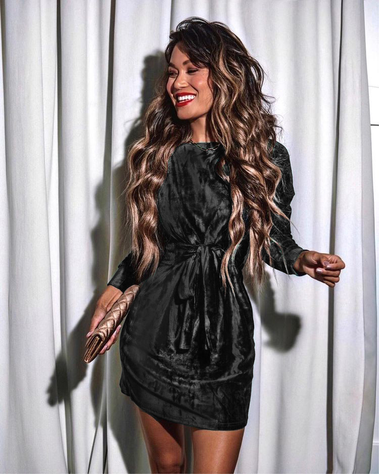 Women's Holiday Dress with Bow Waist and Long Sleeves for Festive Occasions