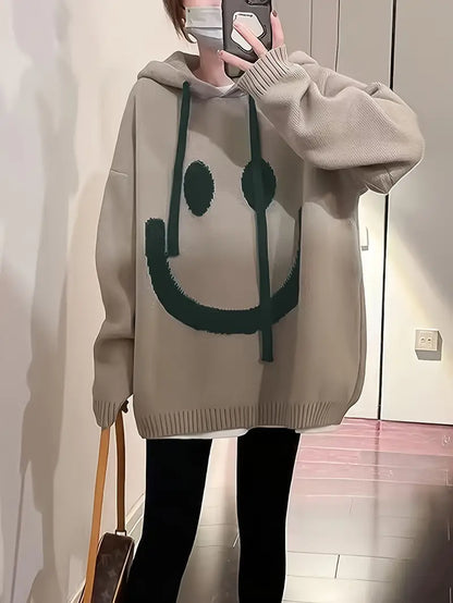 Women's Hoodie Smile Design Adjustable Drawstring Cotton