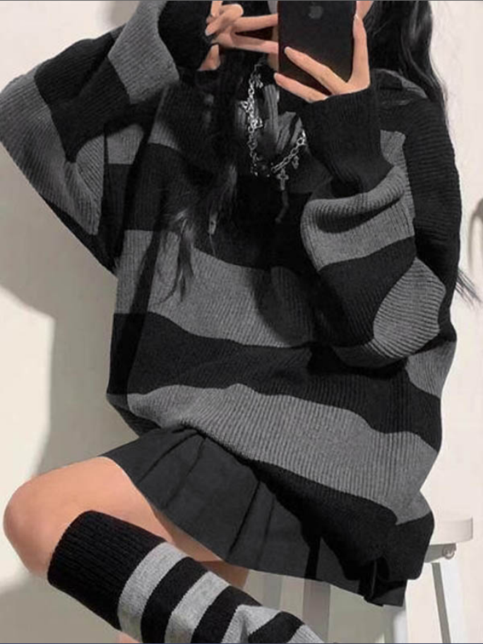 Women's Hoodie Sweater with Stripes and Baggy Fit