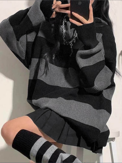 Women's Hoodie Sweater with Stripes and Baggy Fit