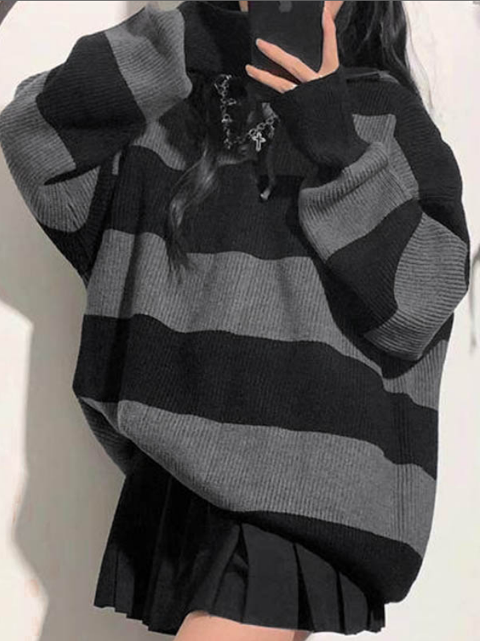 Women's Hoodie Sweater with Stripes and Baggy Fit