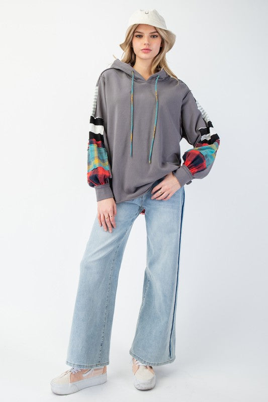 Women's Hoodie Terry Knit Mix Plaid