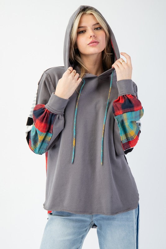 Women's Hoodie Terry Knit Mix Plaid