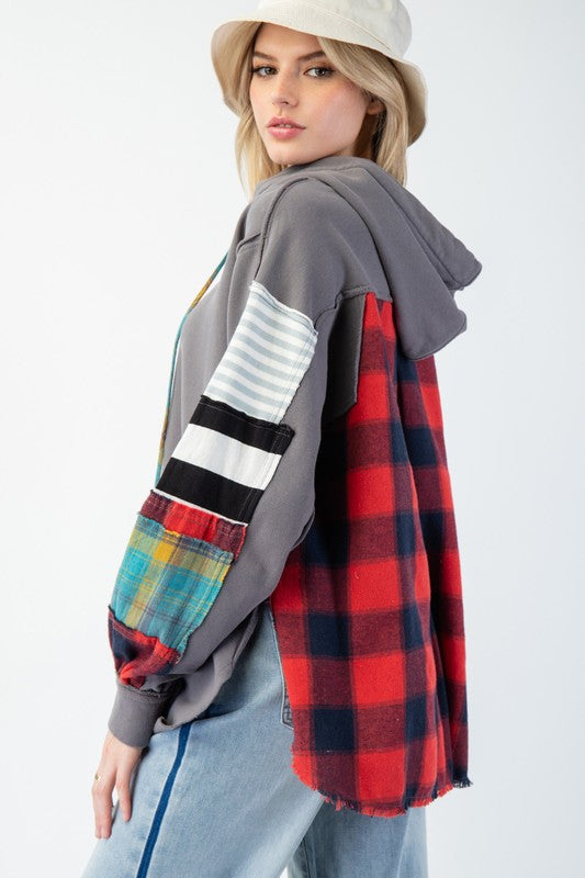 Women's Hoodie Terry Knit Mix Plaid