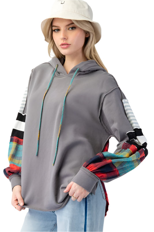 Women's Hoodie Terry Knit Mix Plaid