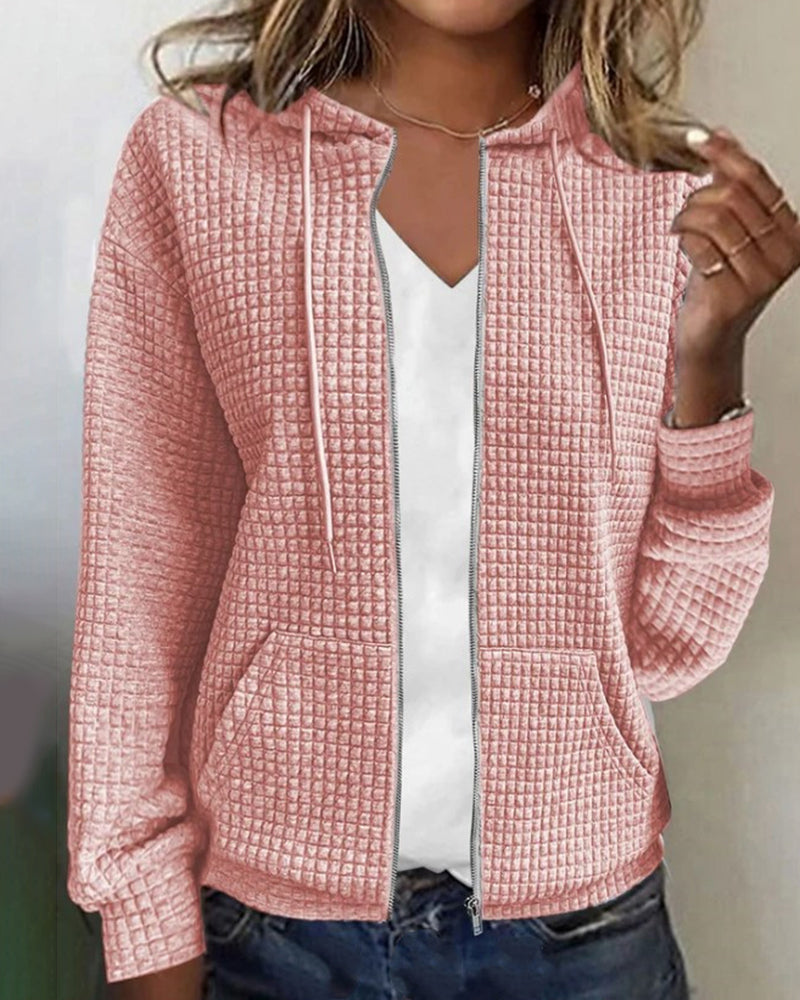 Women's Hoodie Vest Casual Waffle Texture with Zipper and Hoodie