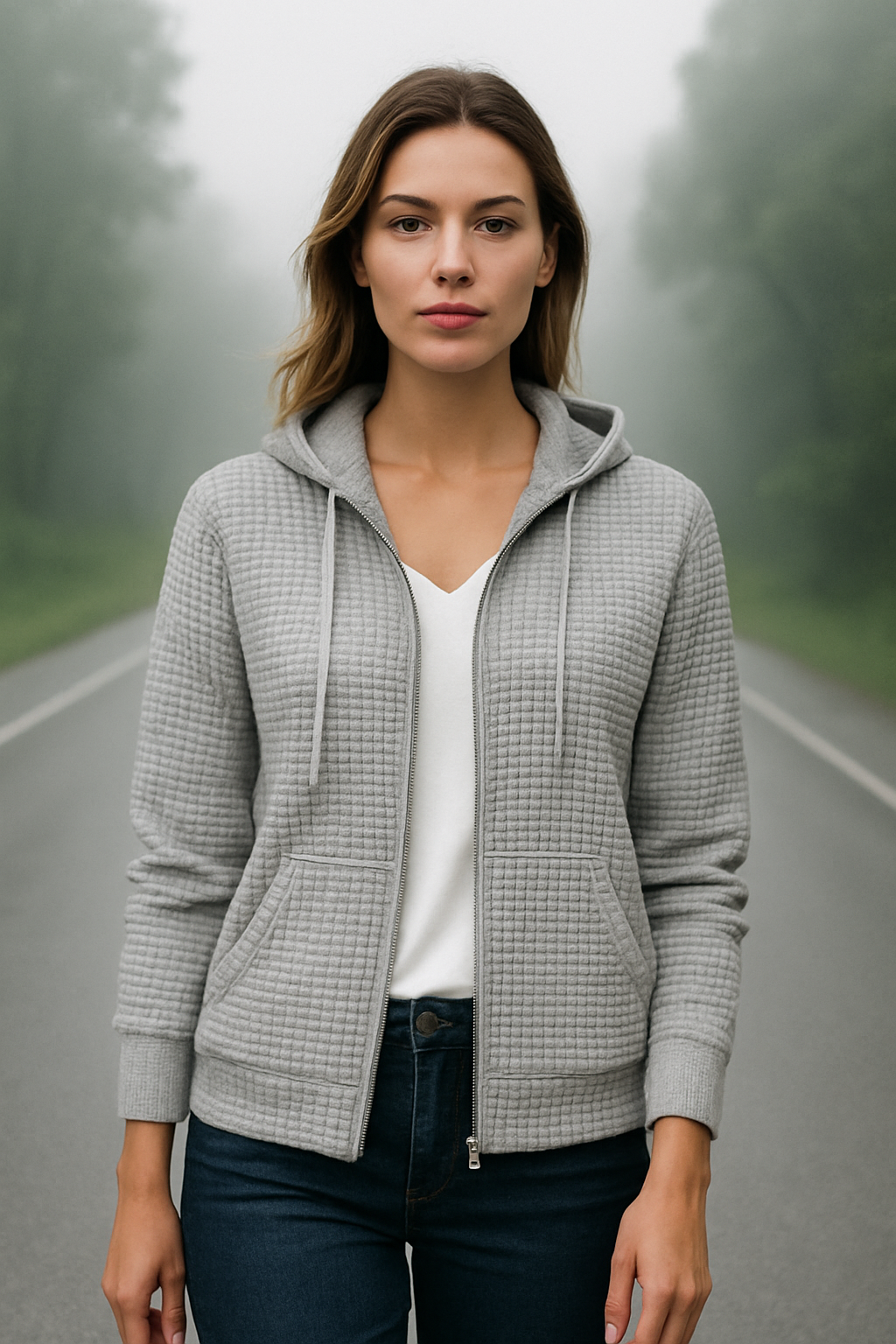 Women's Hoodie Vest Casual Waffle Texture with Zipper and Hoodie