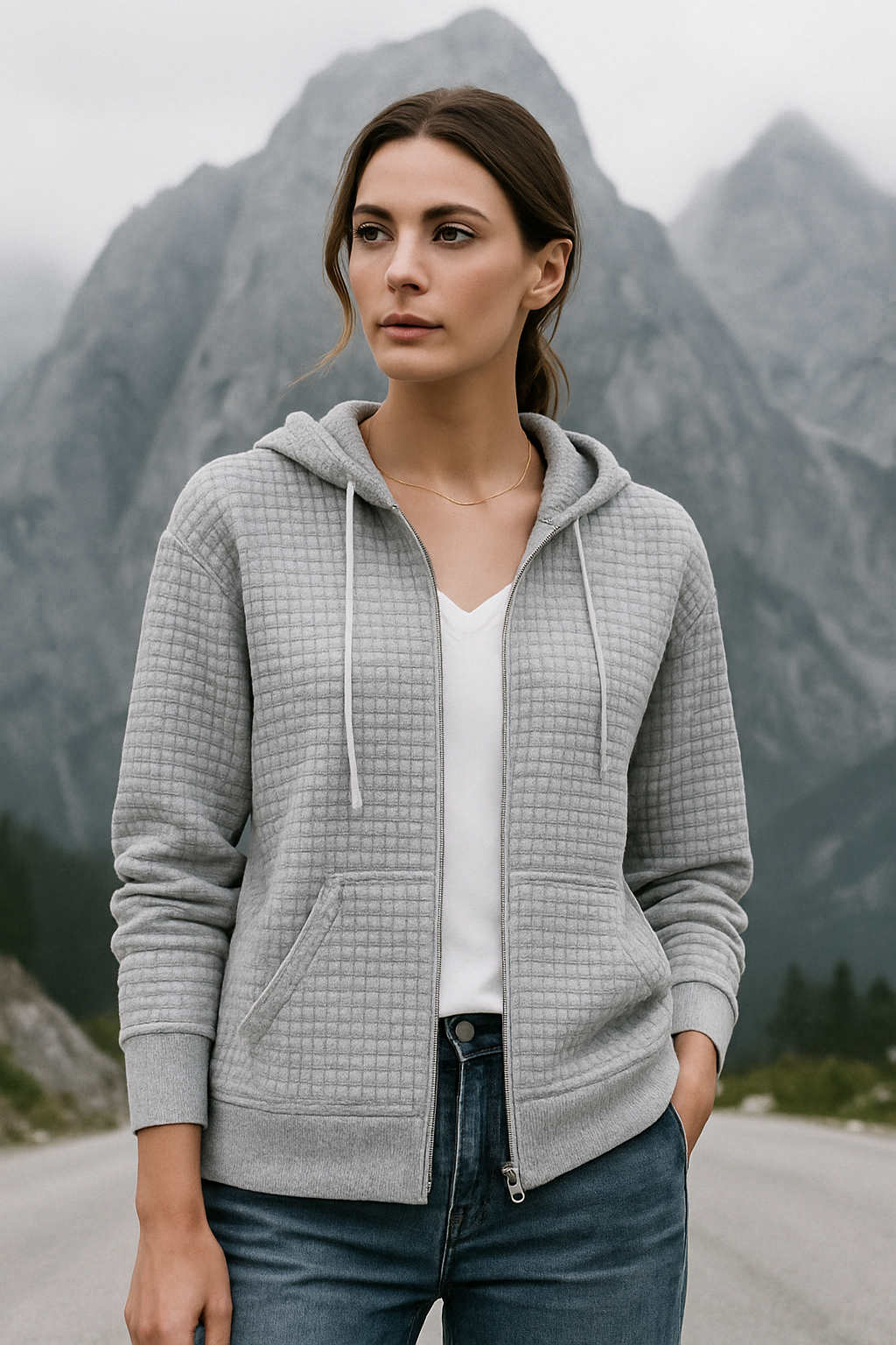 Women's Hoodie Vest Casual Waffle Texture with Zipper and Hoodie