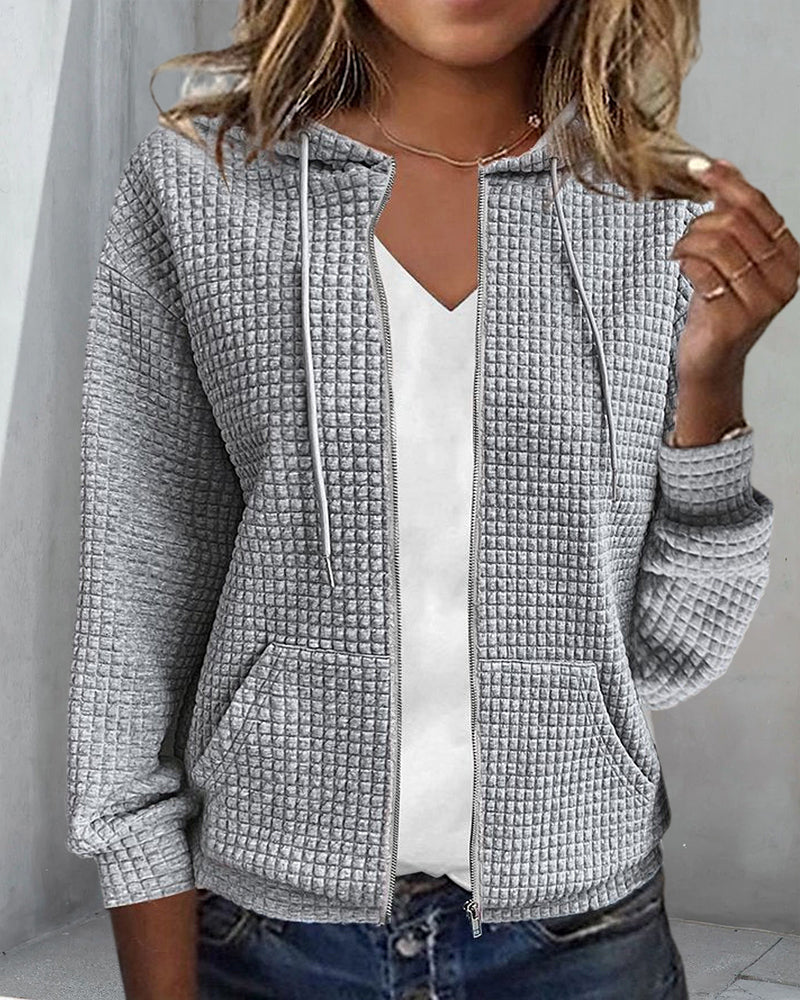 Women's Hoodie Vest Casual Waffle Texture with Zipper and Hoodie