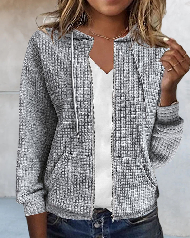 Women's Hoodie Vest Casual Waffle Texture with Zipper and Hoodie